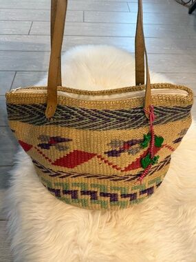 Holiday Fair Woven Sisal Tribal Tote Bag with Red, Purple & Green Pattern